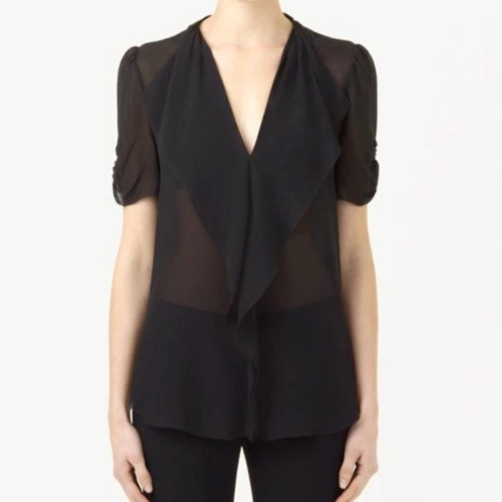 Aritzia T Babaton Sheer Silk Black Blouse Vneck Ruffle Ruching Large